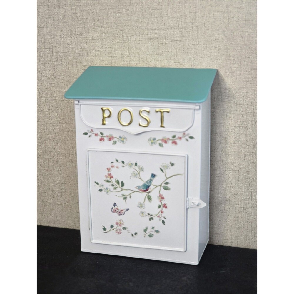 Wall Mounted Mailbox Vintage Letterbox Metal Letterbox Floral, White
